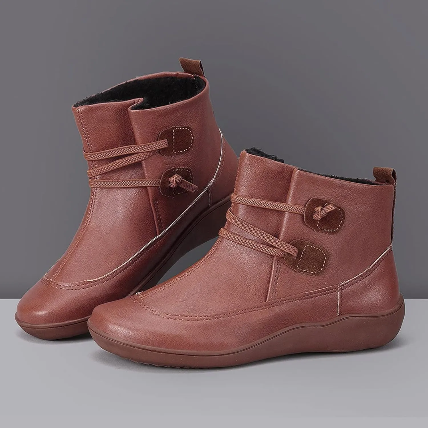Womens Boots Retro PU Leather Flat Soft Sole Warm Boots for Women Solid Color Round Toe Comfortable Ankle Boots