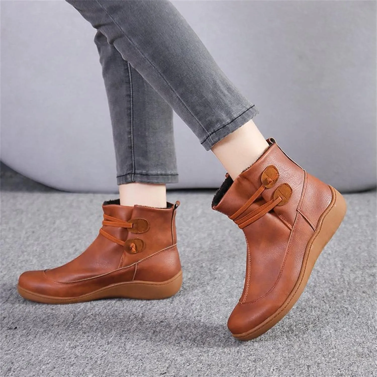 Womens Boots Retro PU Leather Flat Soft Sole Warm Boots for Women Solid Color Round Toe Comfortable Ankle Boots