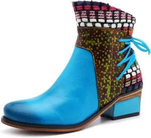 Womens Boots Retro Roman Ethnic Side Zipper Square Heel Boots for Women Soft Cozy Leather Ankle Boots