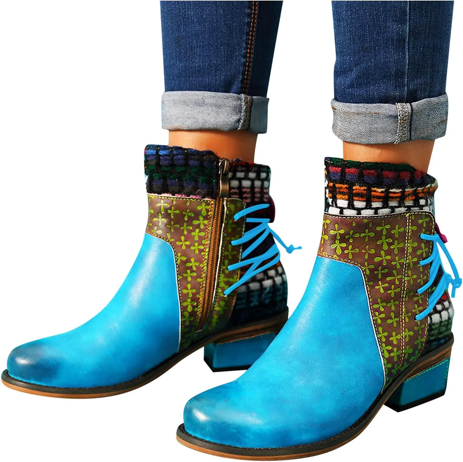 Womens Boots Retro Roman Ethnic Side Zipper Square Heel Boots for Women Soft Cozy Leather Ankle Boots