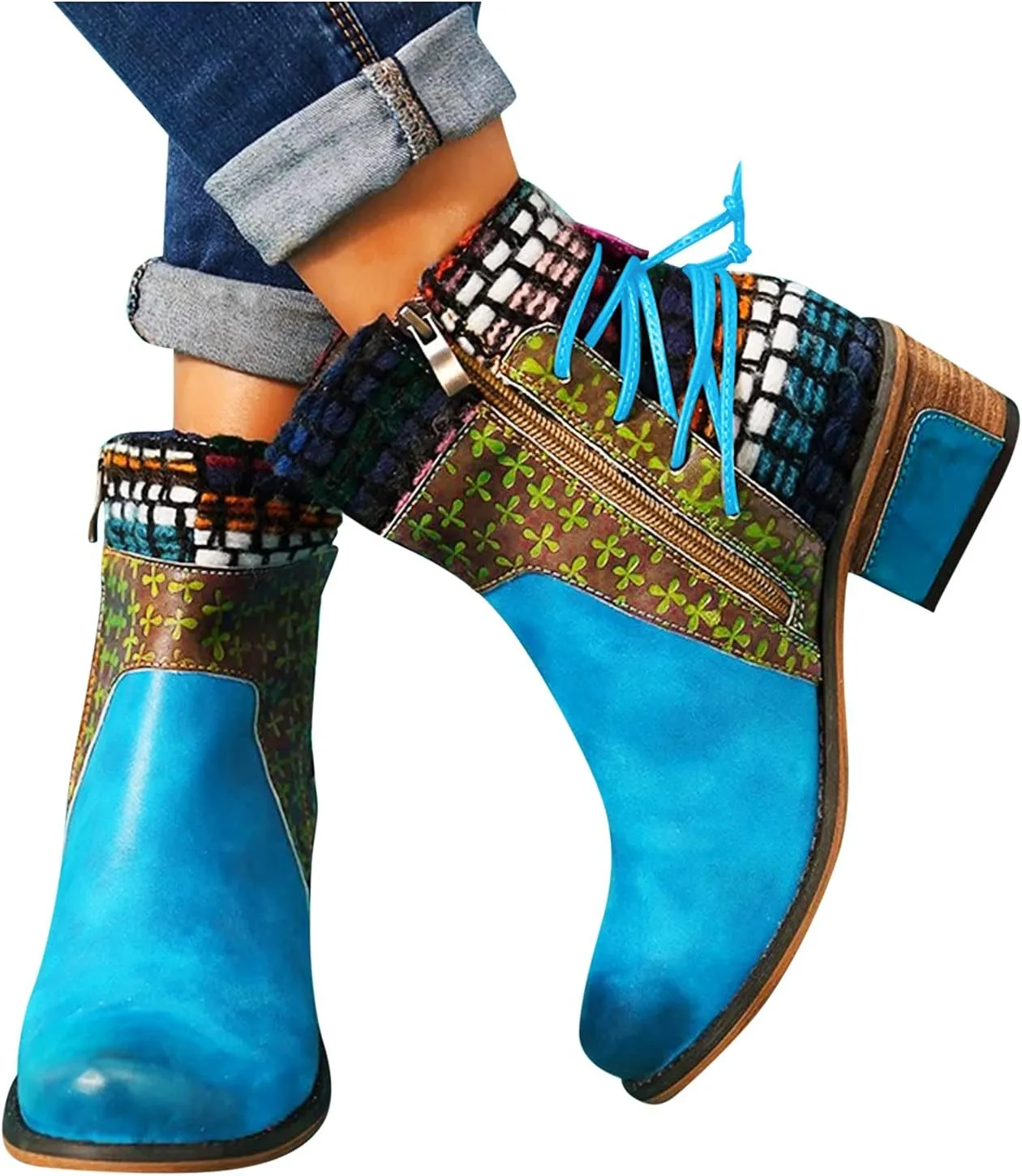 Womens Boots Retro Roman Ethnic Side Zipper Square Heel Boots for Women Soft Cozy Leather Ankle Boots