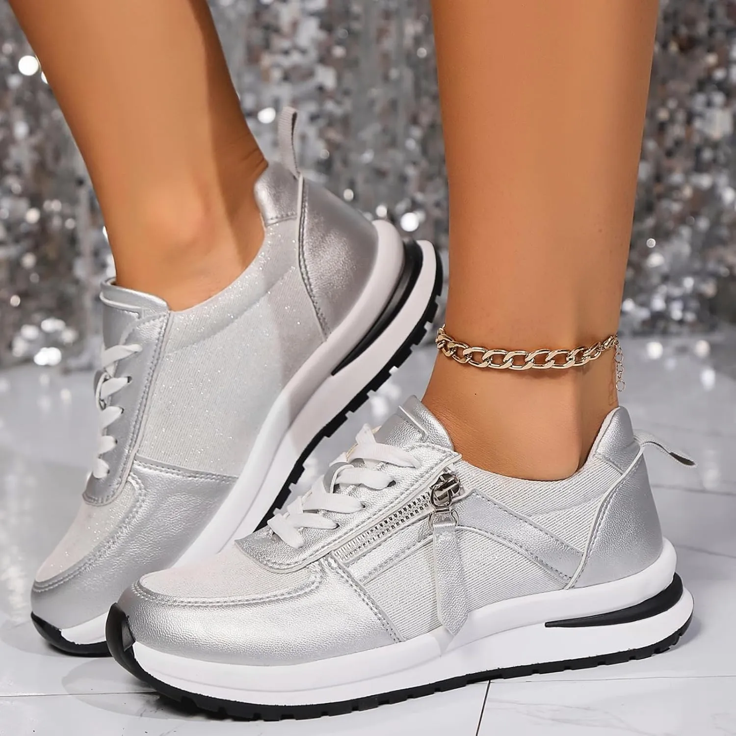 Womens Fashion Sneakers Shoes Slip on Lightweight Casual Tennis Shoes with Side Zipper Thick Sole Lace up Business Shoe Non Slip Arch Support Outdoor Breathable Comfortable Walking Loafers