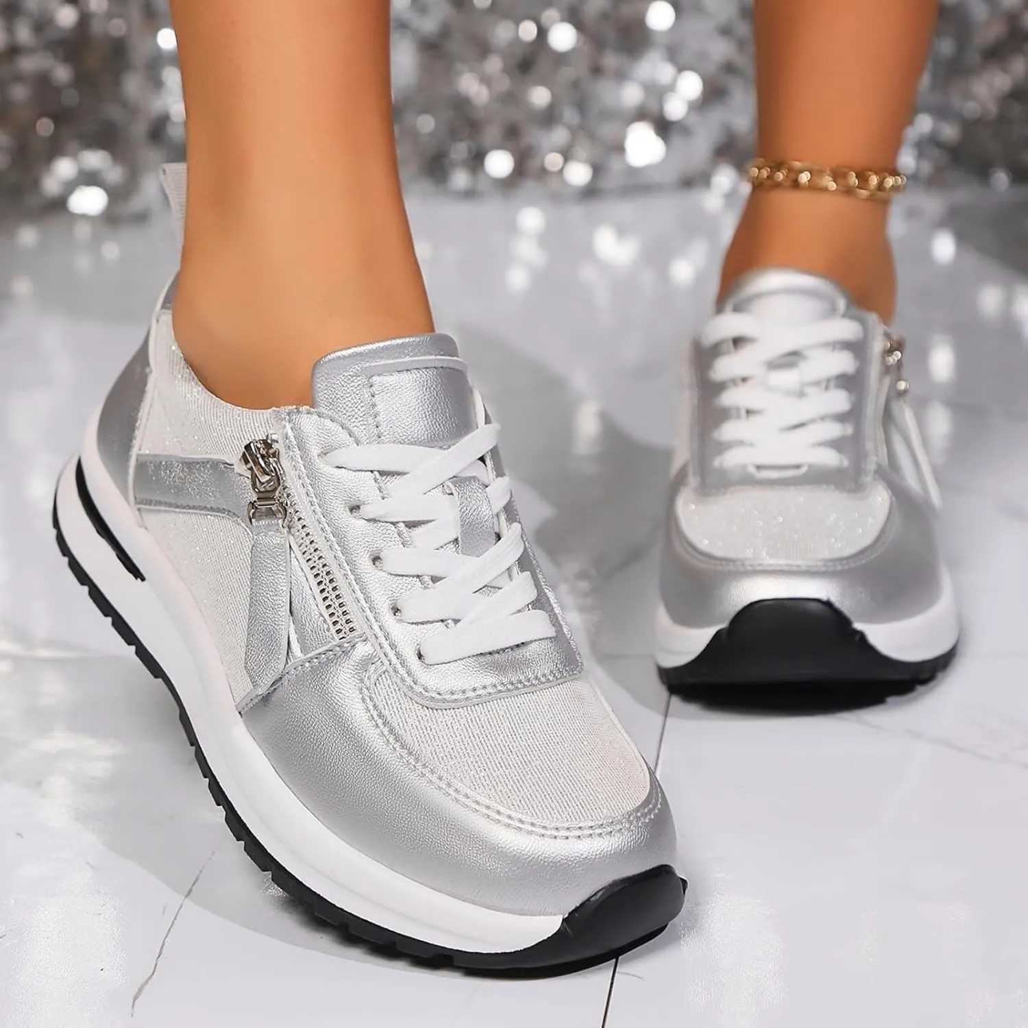 Womens Fashion Sneakers Shoes Slip on Lightweight Casual Tennis Shoes with Side Zipper Thick Sole Lace up Business Shoe Non Slip Arch Support Outdoor Breathable Comfortable Walking Loafers