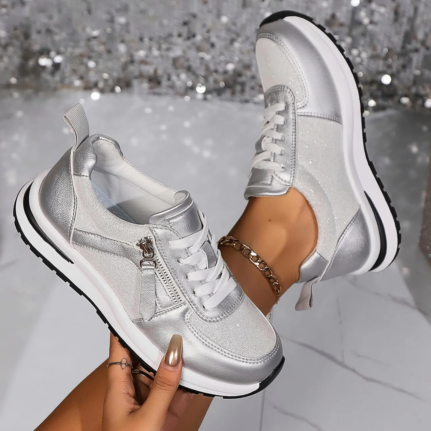 Womens Fashion Sneakers Shoes Slip on Lightweight Casual Tennis Shoes with Side Zipper Thick Sole Lace up Business Shoe Non Slip Arch Support Outdoor Breathable Comfortable Walking Loafers
