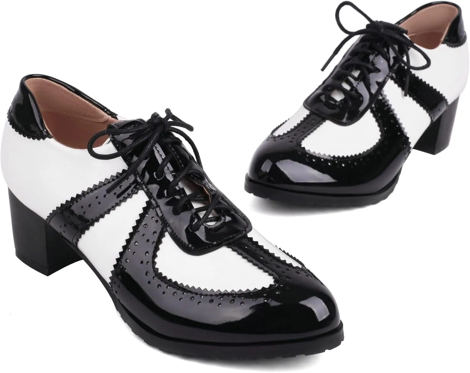 Women's Lace up Oxford Shoes Chunky Block Heel Wingtip Shoes Round Toe Vintage Brogue Shoes