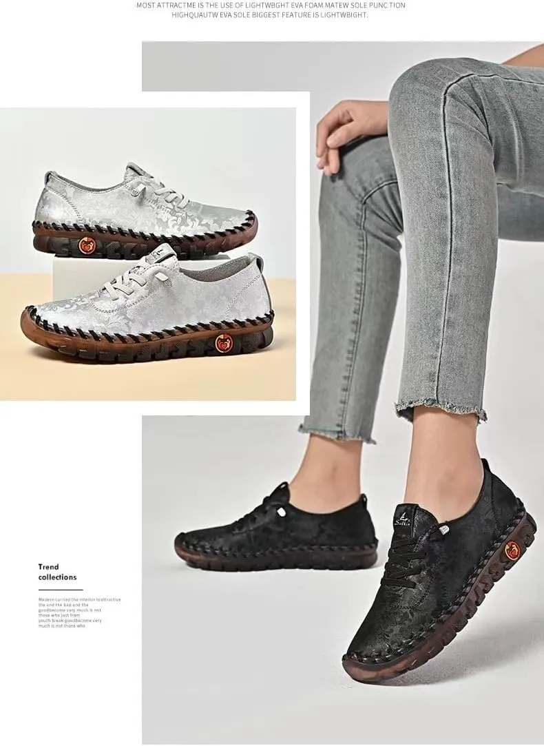 Women's Leather Soft Bottom Flats Women's Slip on Loafer Cutout Round Toe Beef Tendon Walkings Soft Sole Mom Shoes