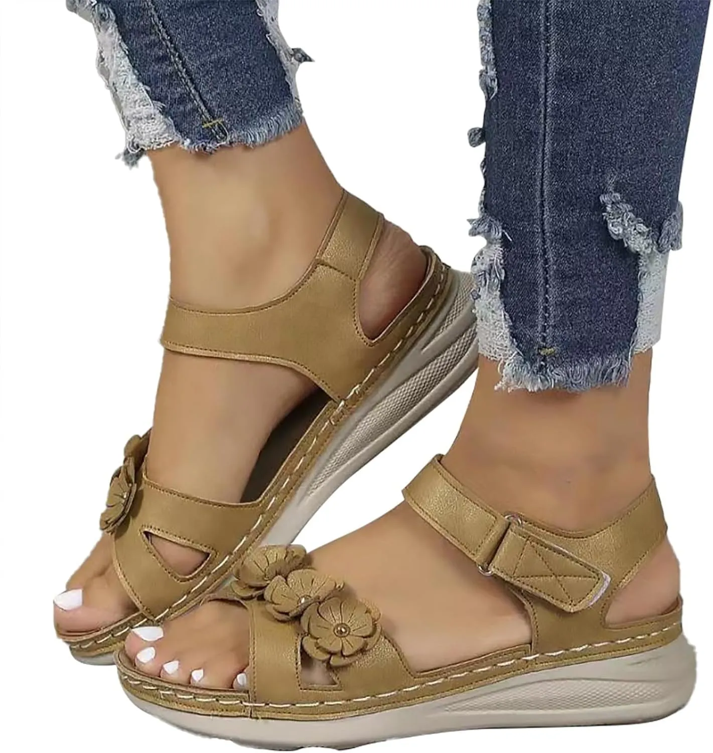 Womens Orthopedic Wedge Sandal Comfortable Open Toe Slip On Sandals Adjustable Hook And Loop Fastener Walking Shoes Fashion Elegant Flower Shoe Casual Dressy Summer Shoes