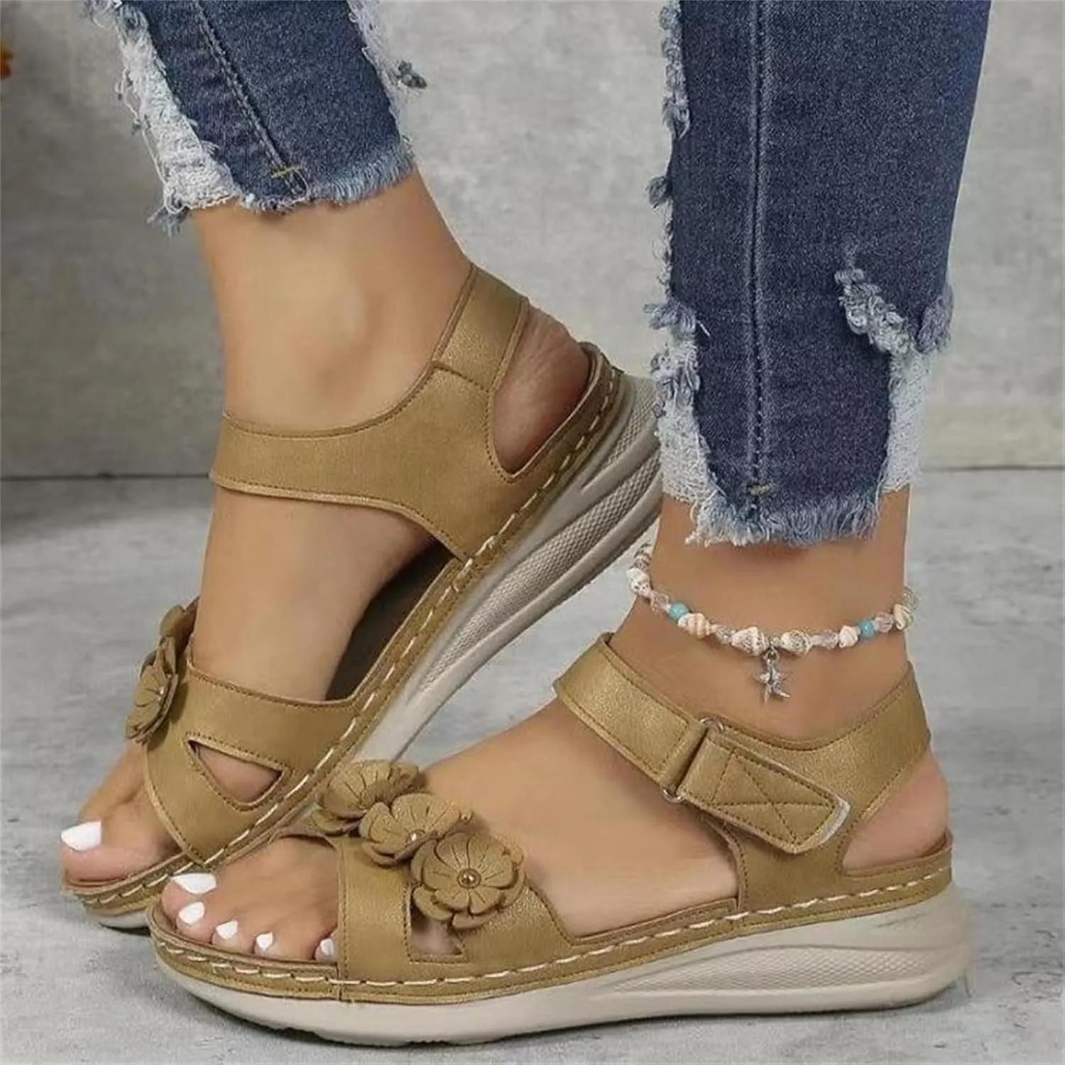 Womens Orthopedic Wedge Sandal Comfortable Open Toe Slip On Sandals Adjustable Hook And Loop Fastener Walking Shoes Fashion Elegant Flower Shoe Casual Dressy Summer Shoes