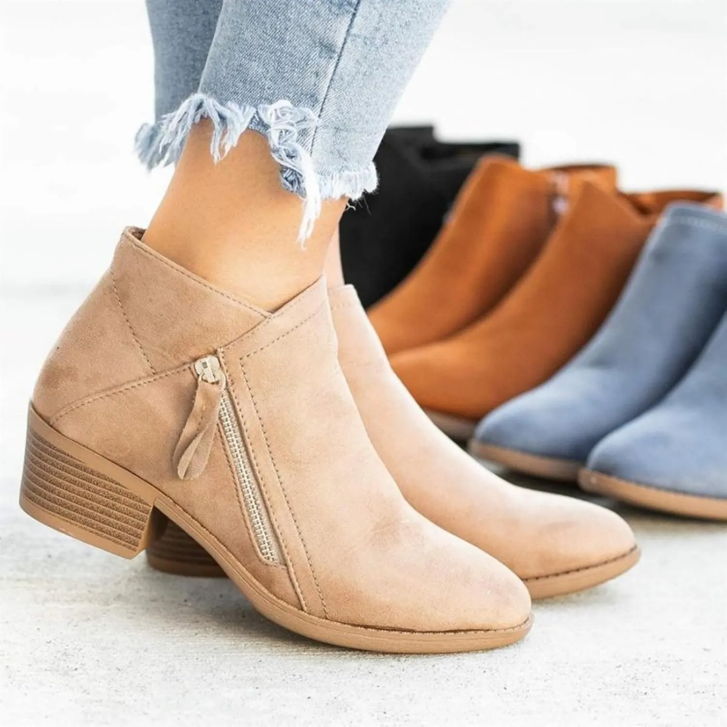 Women's Suede Leather Ankle Boots Fashion Pointed Toe Chunky Stacked Heel Western Cowboy Boots Vintage Slip on Side Zipper Booties Outdoor Comfy Casual Walking Shoes