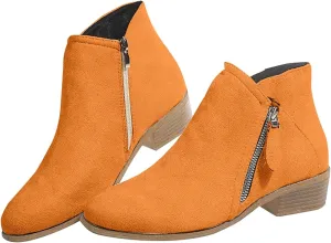 Women's Suede Leather Ankle Boots Fashion Pointed Toe Chunky Stacked Heel Western Cowboy Boots Vintage Slip on Side Zipper Booties Outdoor Comfy Casual Walking Shoes