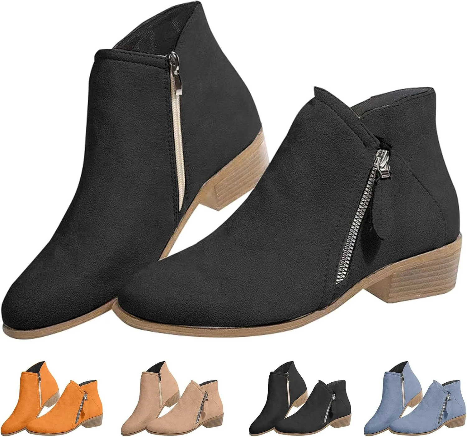 Women's Suede Leather Ankle Boots Fashion Pointed Toe Chunky Stacked Heel Western Cowboy Boots Vintage Slip on Side Zipper Booties Outdoor Comfy Casual Walking Shoes