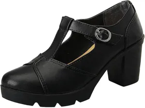 Women's Vintage T-Strap Brogue Dress Shoes Chunky Mid-Heel Oxfords Saddle Shoes