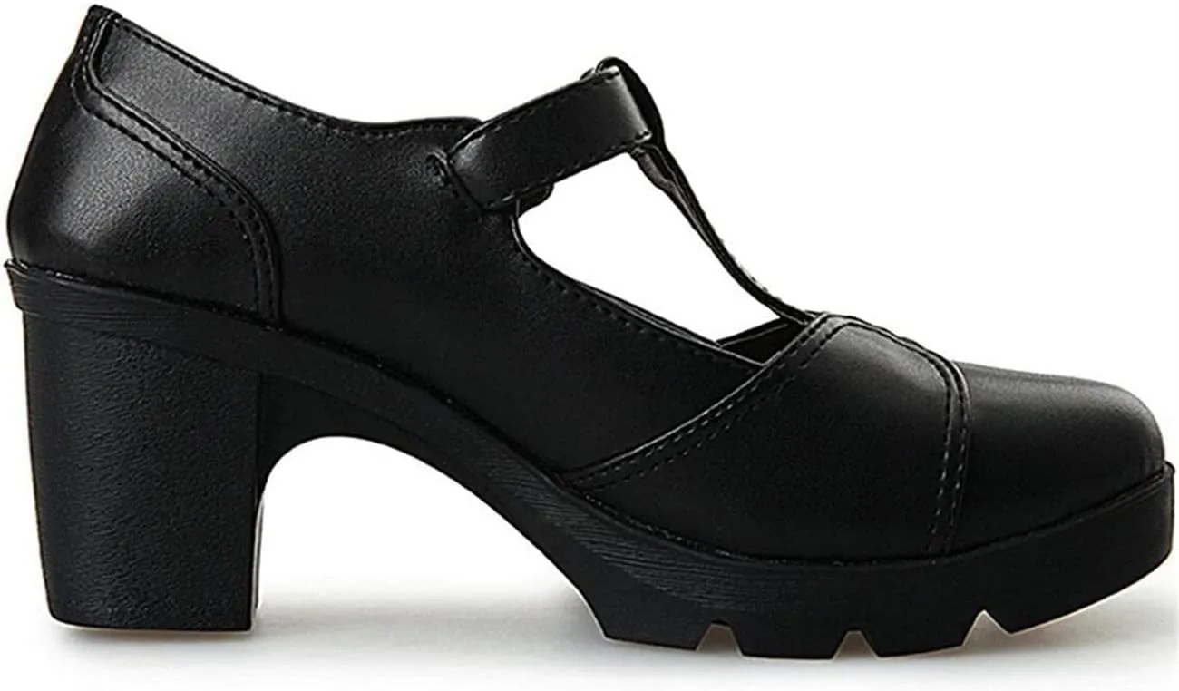 Women's Vintage T-Strap Brogue Dress Shoes Chunky Mid-Heel Oxfords Saddle Shoes