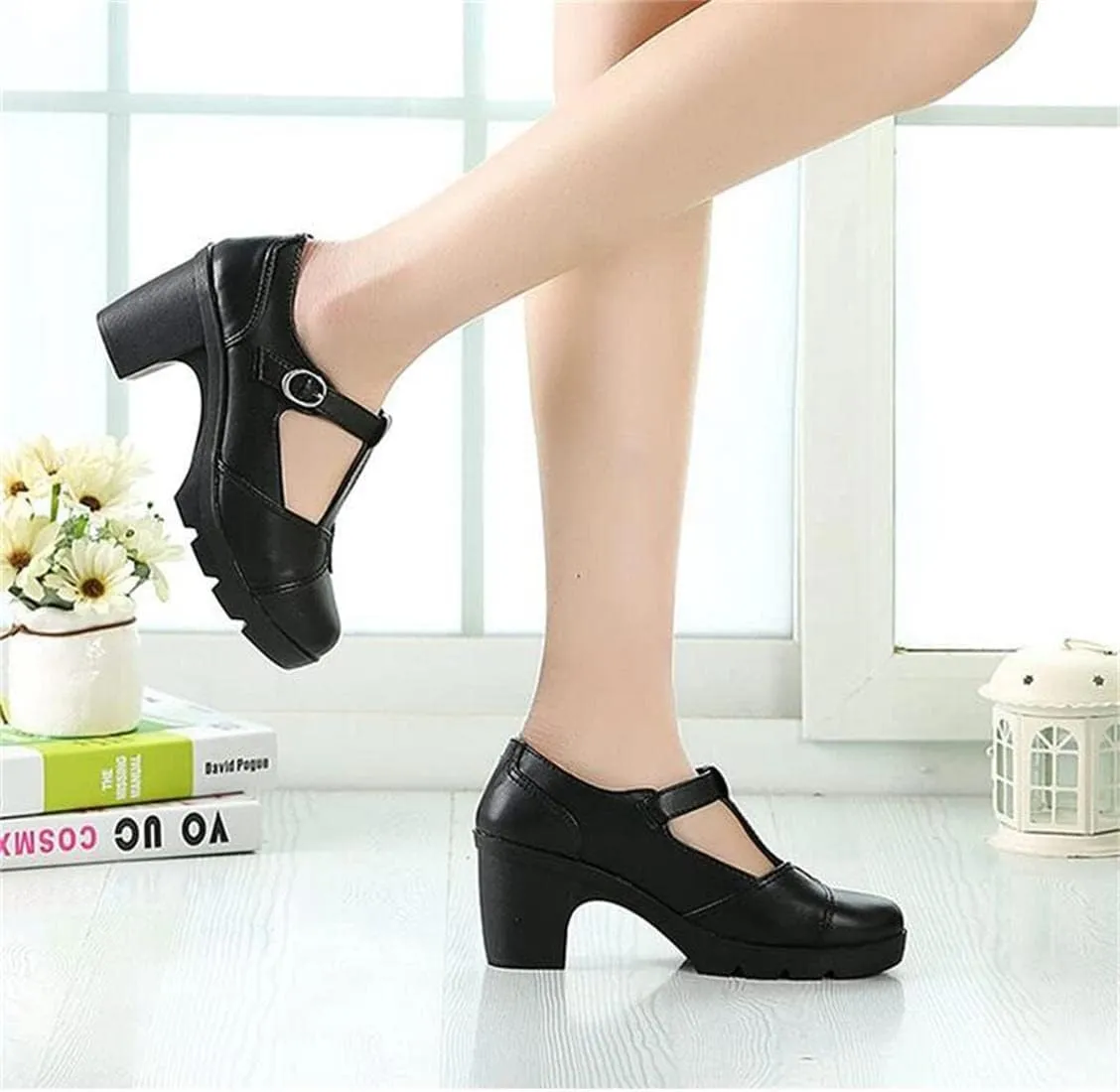 Women's Vintage T-Strap Brogue Dress Shoes Chunky Mid-Heel Oxfords Saddle Shoes