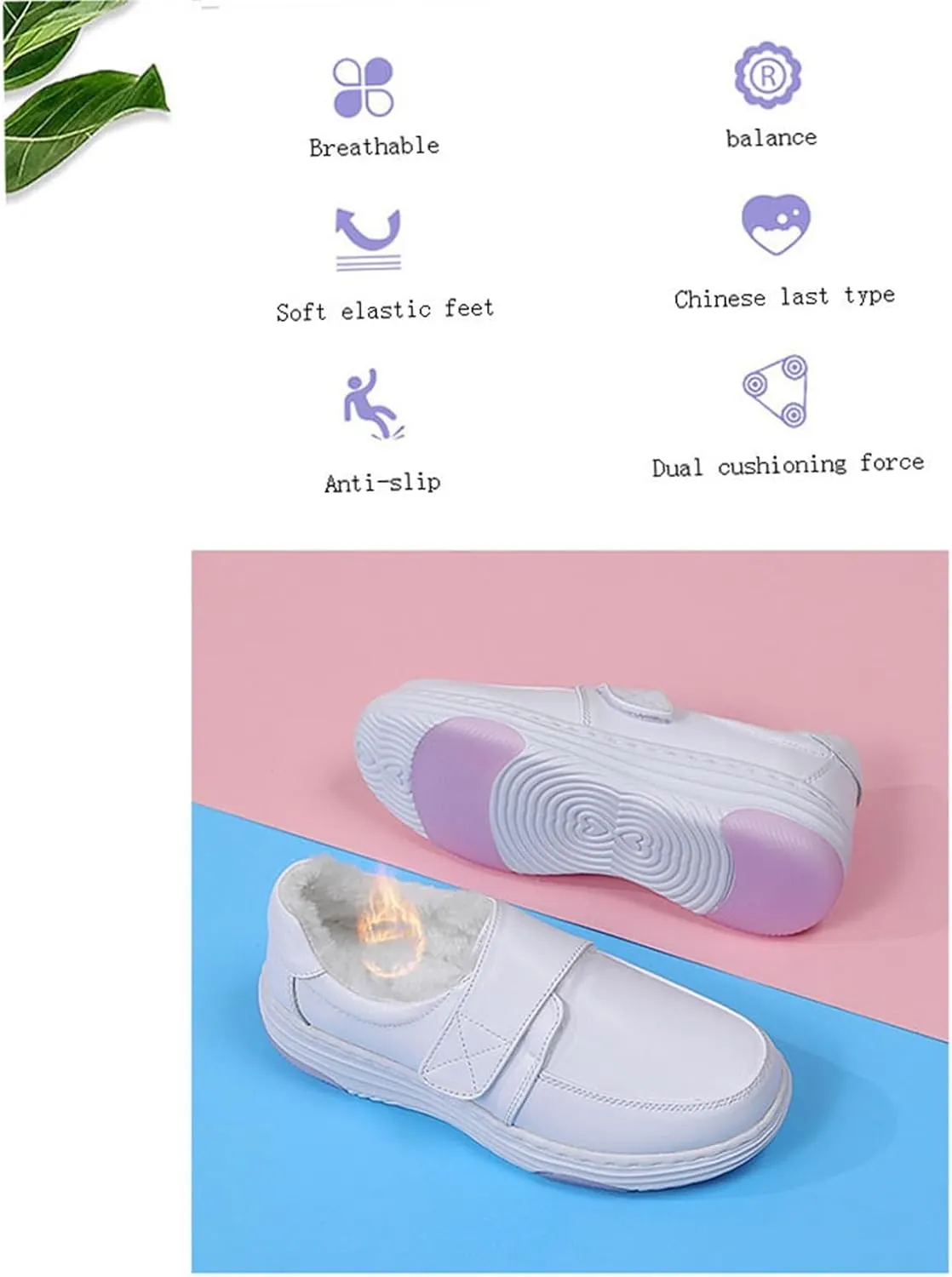 Womens White Plush Nursing Air Cushion Slip-On Adjustable Leather Nurse Shoes, Buffer Wipeable Nonslip Hospital Platform Orthopedic Sneakers, for Medical, Restaurant Work
