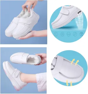 Womens White Plush Nursing Air Cushion Slip-On Adjustable Leather Nurse Shoes, Buffer Wipeable Nonslip Hospital Platform Orthopedic Sneakers, for Medical, Restaurant Work