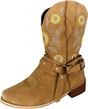 Womens Wide Calf Sunflower Cowboy Boots White Cowgirl Boots Short Heel Ladies Cowboy Boots Wide Calf Size 5 Suede Knee High Cowboy Boots for Women Black Winter Boots for Women Mid Calf