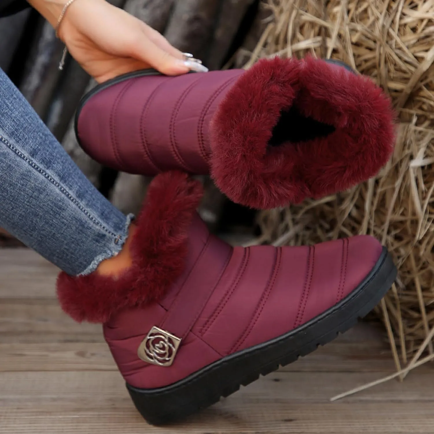 Womens Winter Snow Boots Fur Lined Warm Winter Boots Ankle Booties Waterproof Snow Boots Slip On Boots