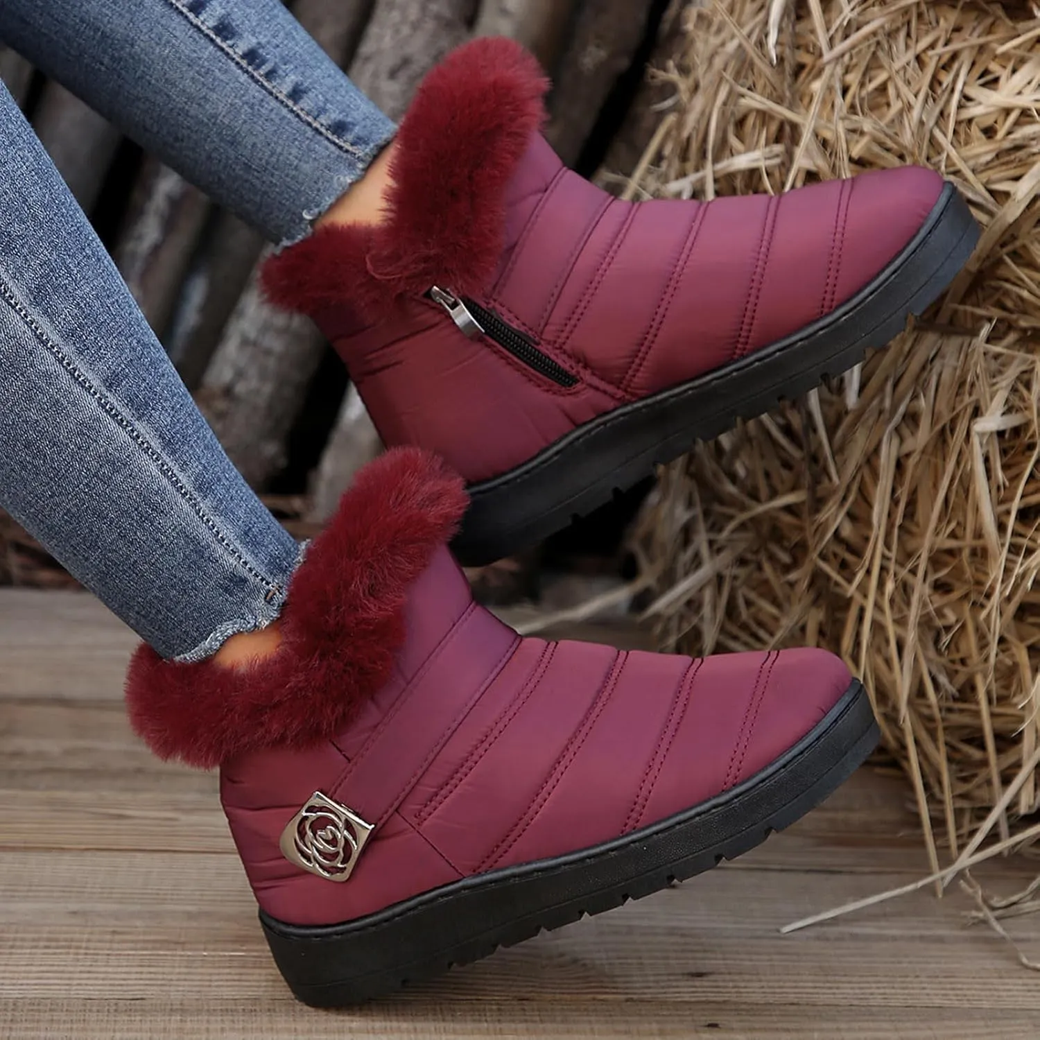 Womens Winter Snow Boots Fur Lined Warm Winter Boots Ankle Booties Waterproof Snow Boots Slip On Boots