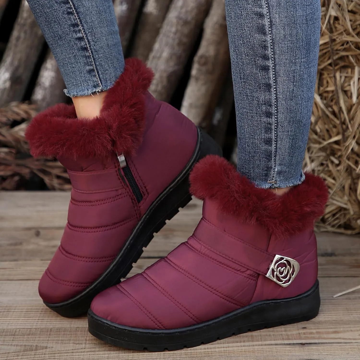 Womens Winter Snow Boots Fur Lined Warm Winter Boots Ankle Booties Waterproof Snow Boots Slip On Boots