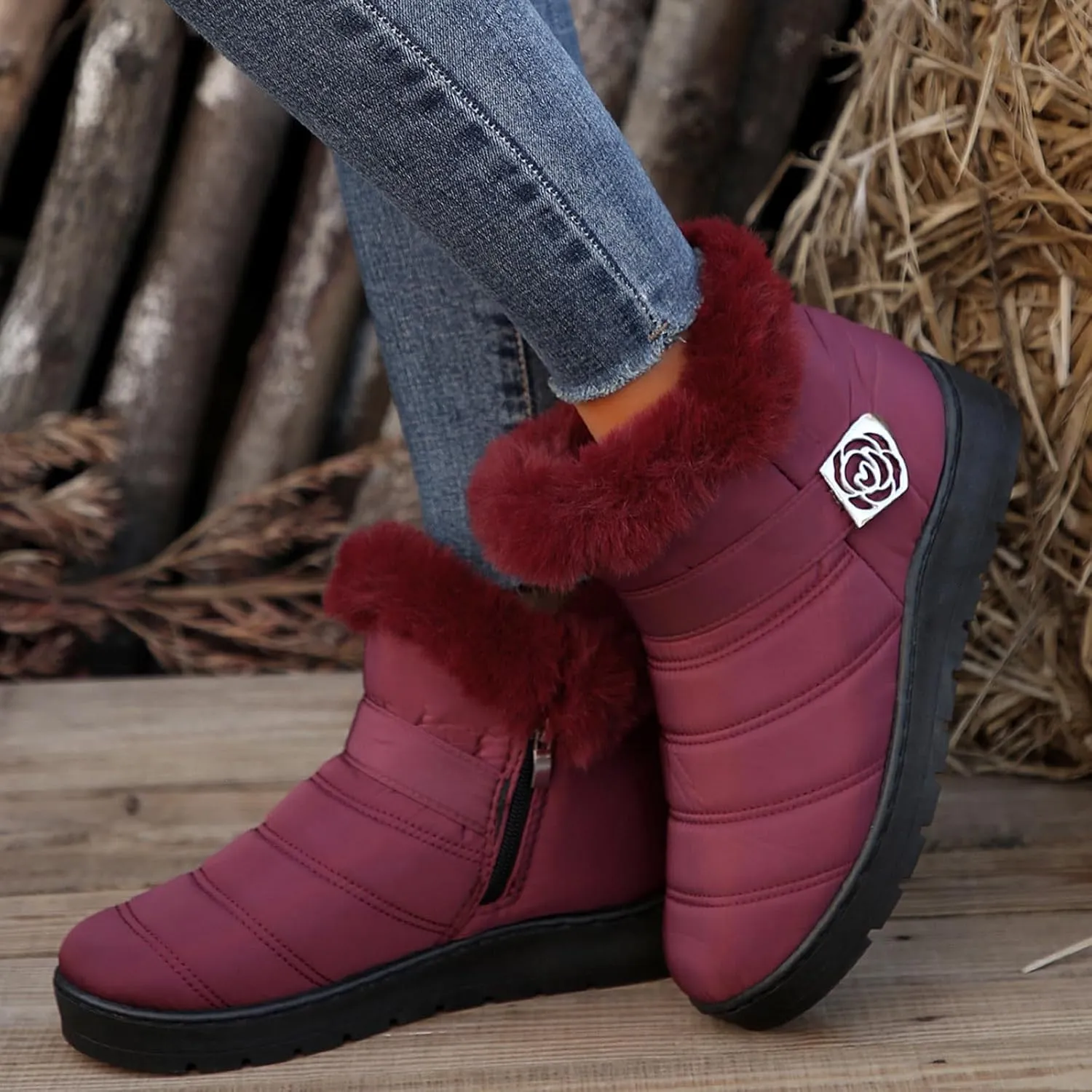 Womens Winter Snow Boots Fur Lined Warm Winter Boots Ankle Booties Waterproof Snow Boots Slip On Boots
