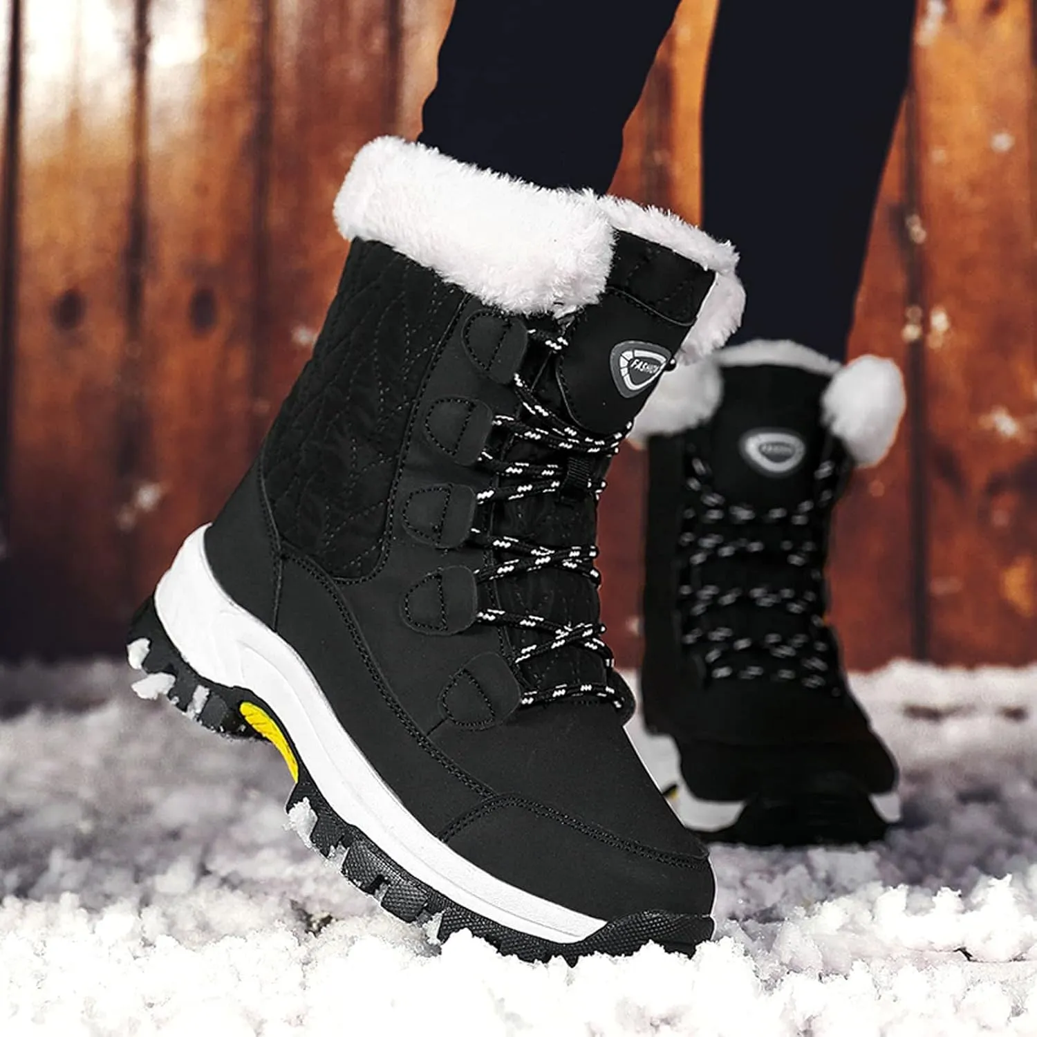 Womens Winter Snow Boots Mid Calf Lace Up Warm Fur Lined Boots Anti Slip Lug Sole Waterproof Hiking Snow Boots