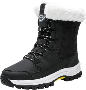 Womens Winter Snow Boots Mid Calf Lace Up Warm Fur Lined Boots Anti Slip Lug Sole Waterproof Hiking Snow Boots