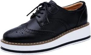 WUIWUIYU Women's Platform Lace-Up Wingtips Square Toe Oxfords Shoes
