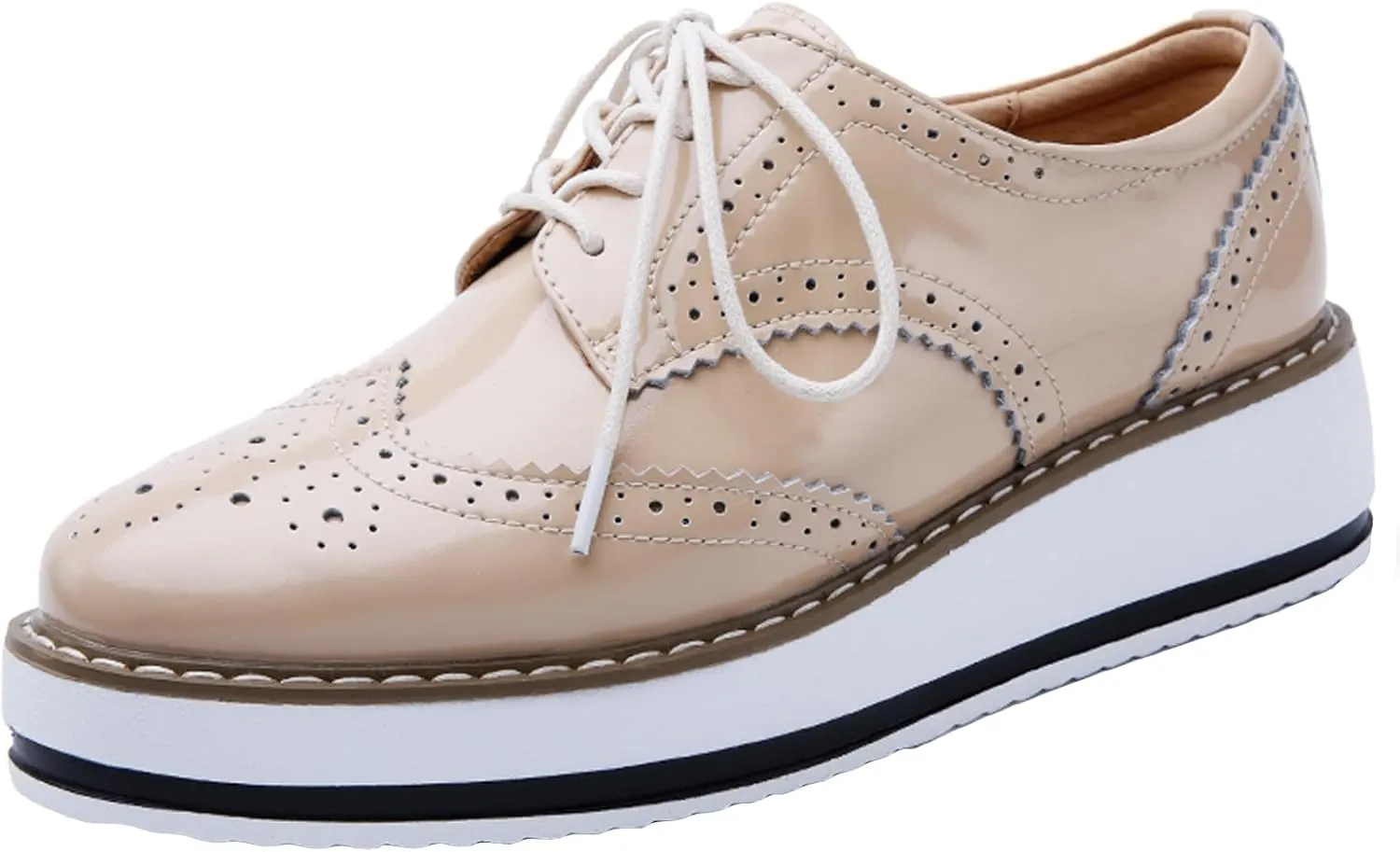WUIWUIYU Women's Platform Lace-Up Wingtips Square Toe Oxfords Shoes