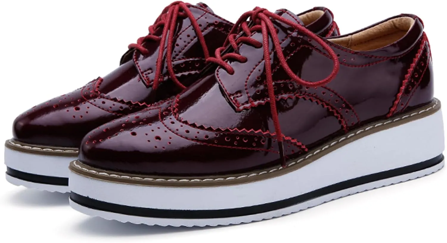 WUIWUIYU Women's Platform Lace-Up Wingtips Square Toe Oxfords Shoes