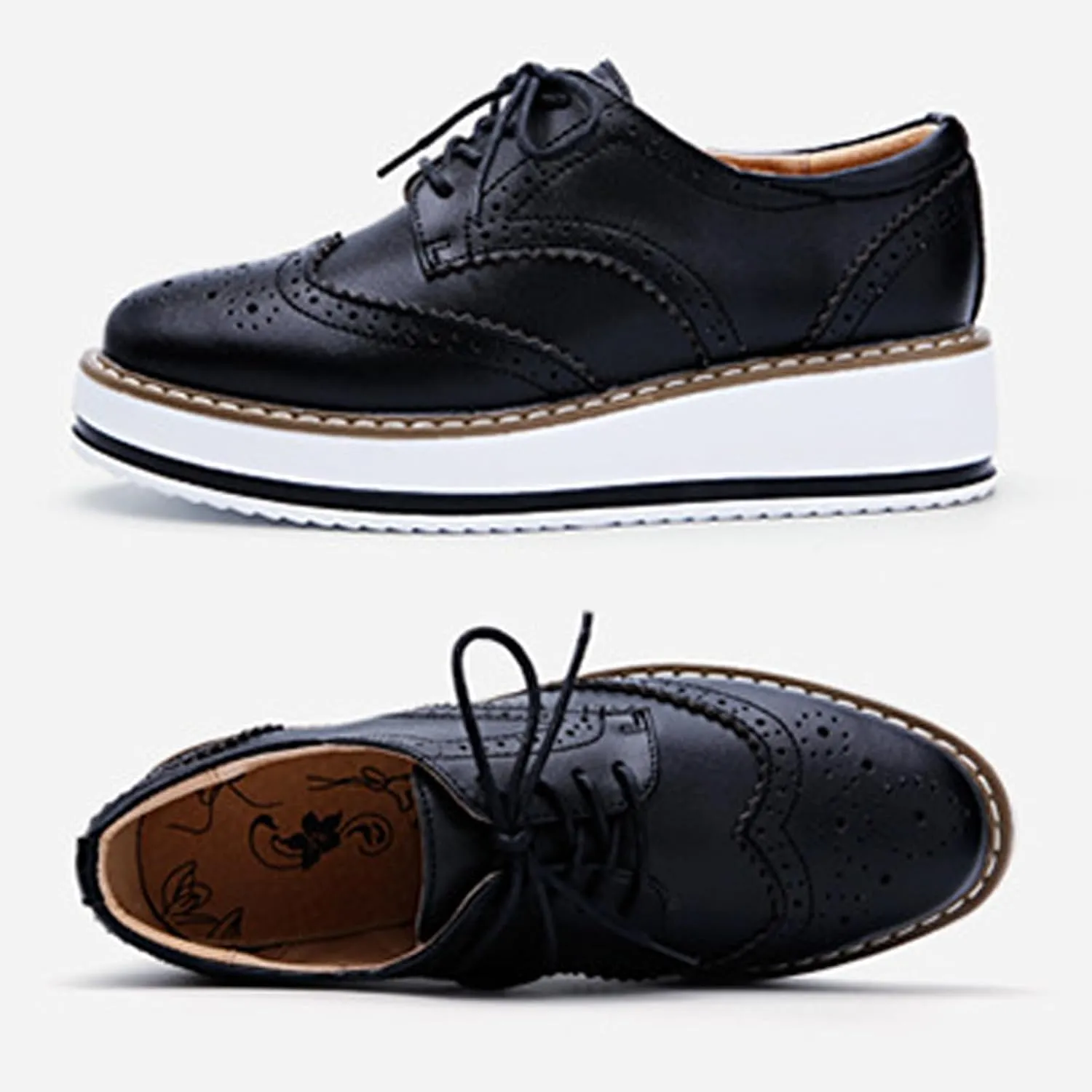 WUIWUIYU Women's Platform Lace-Up Wingtips Square Toe Oxfords Shoes