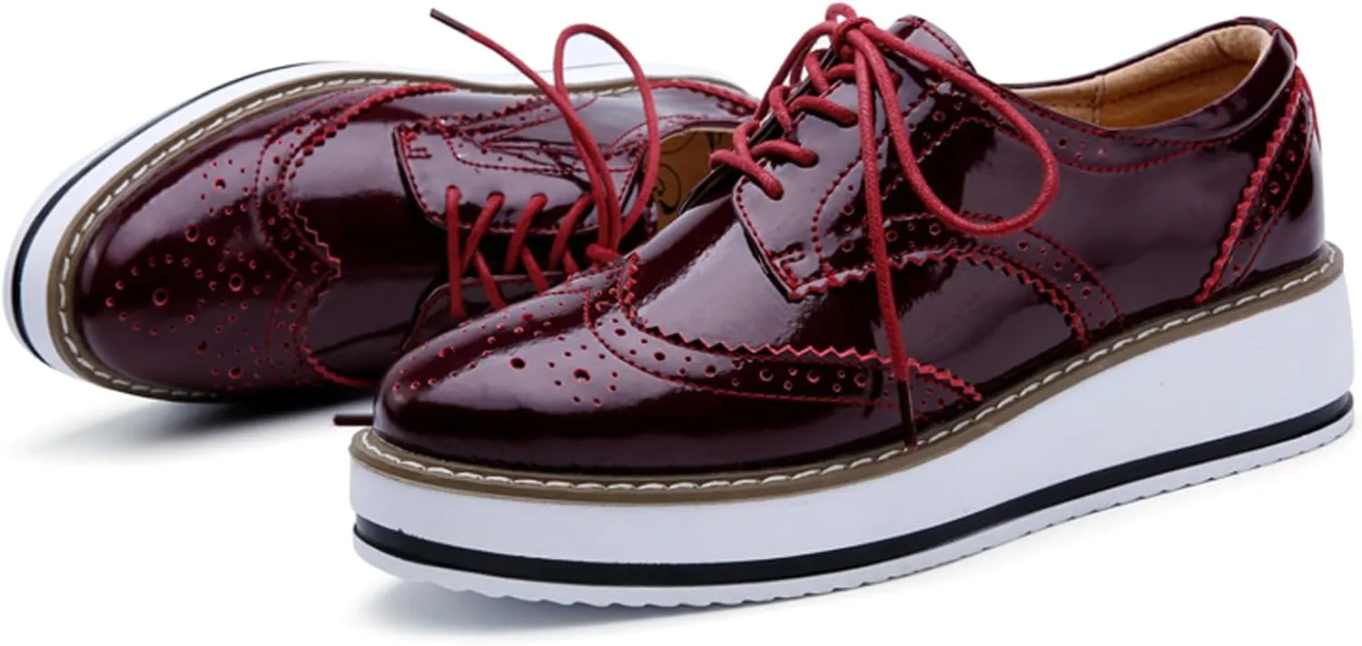 WUIWUIYU Women's Platform Lace-Up Wingtips Square Toe Oxfords Shoes