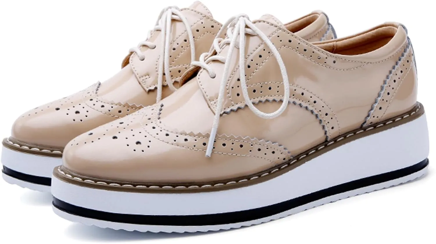 WUIWUIYU Women's Platform Lace-Up Wingtips Square Toe Oxfords Shoes