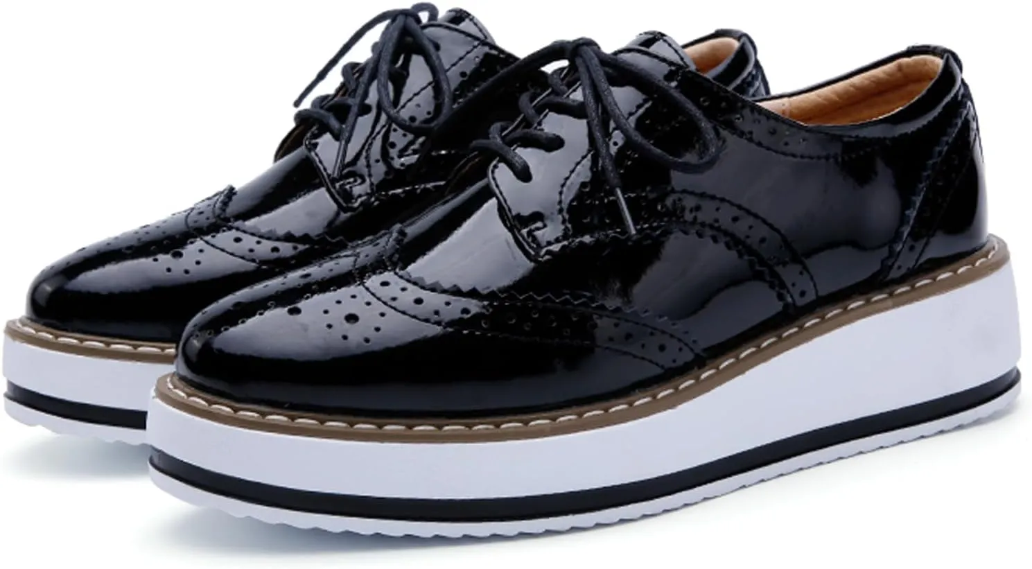 WUIWUIYU Women's Platform Lace-Up Wingtips Square Toe Oxfords Shoes