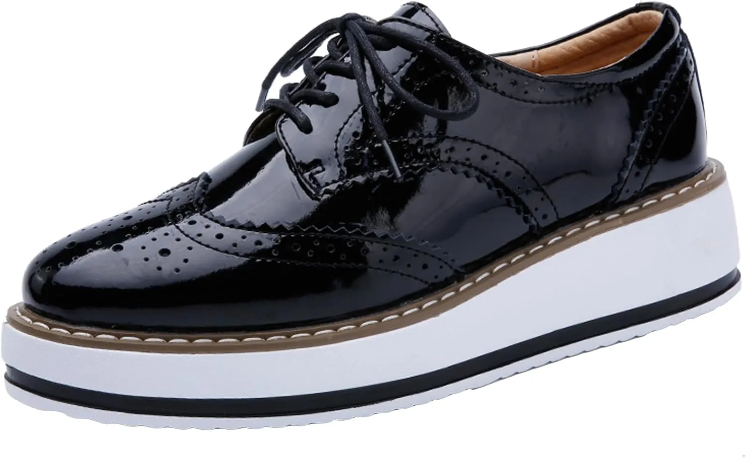 WUIWUIYU Women's Platform Lace-Up Wingtips Square Toe Oxfords Shoes