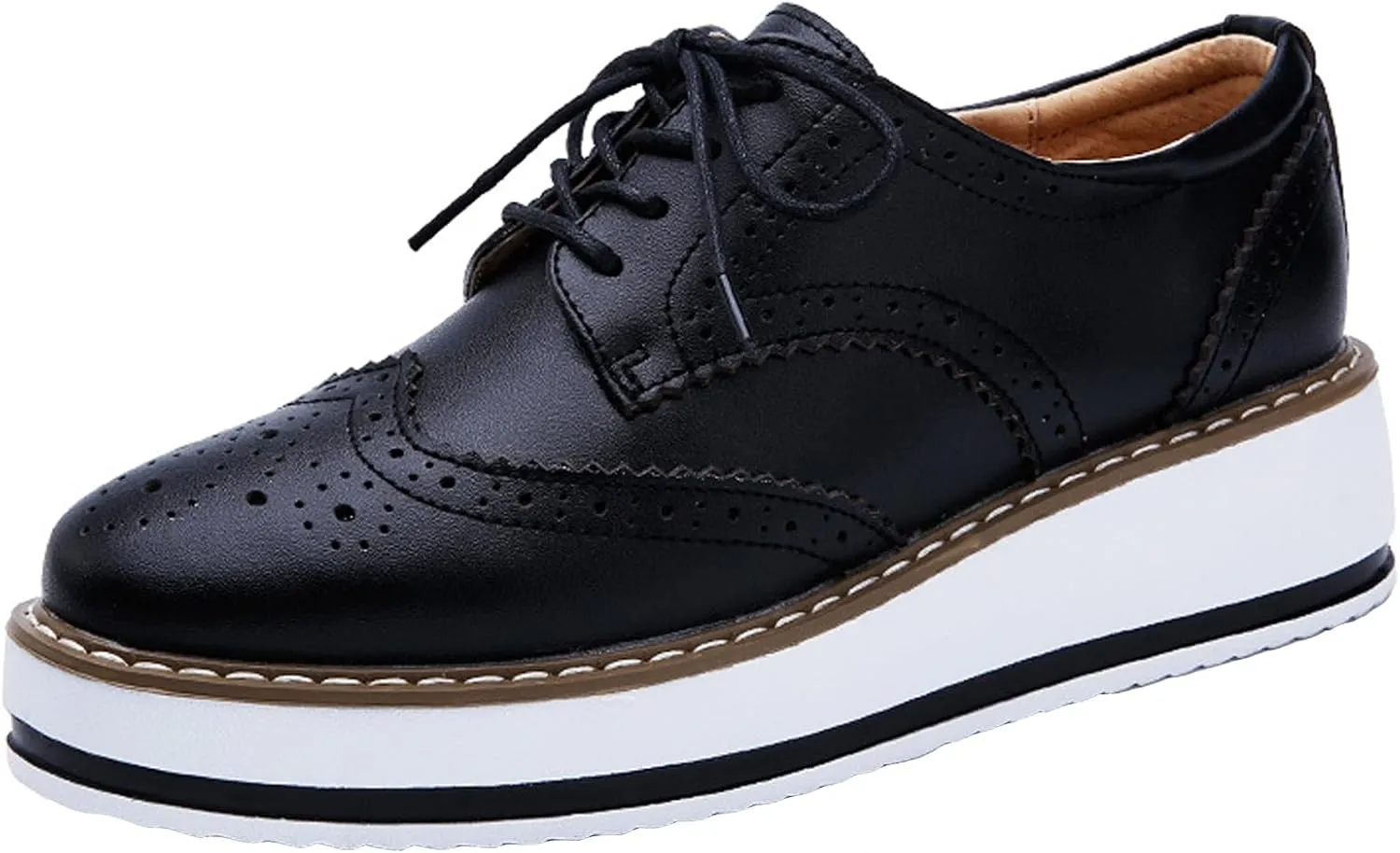 WUIWUIYU Women's Platform Lace-Up Wingtips Square Toe Oxfords Shoes