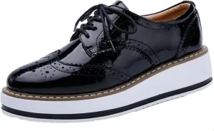 WUIWUIYU Women's Platform Lace-Up Wingtips Square Toe Oxfords Shoes