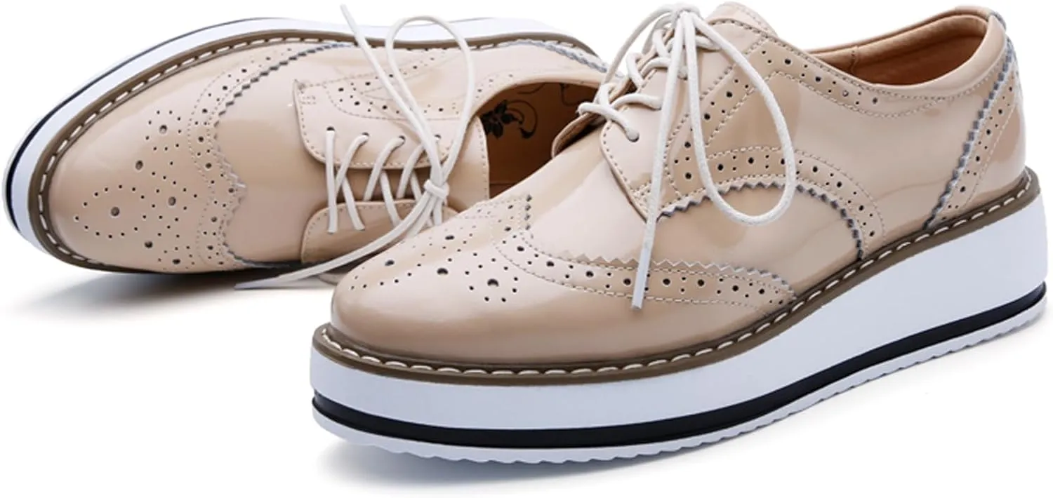 WUIWUIYU Women's Platform Lace-Up Wingtips Square Toe Oxfords Shoes