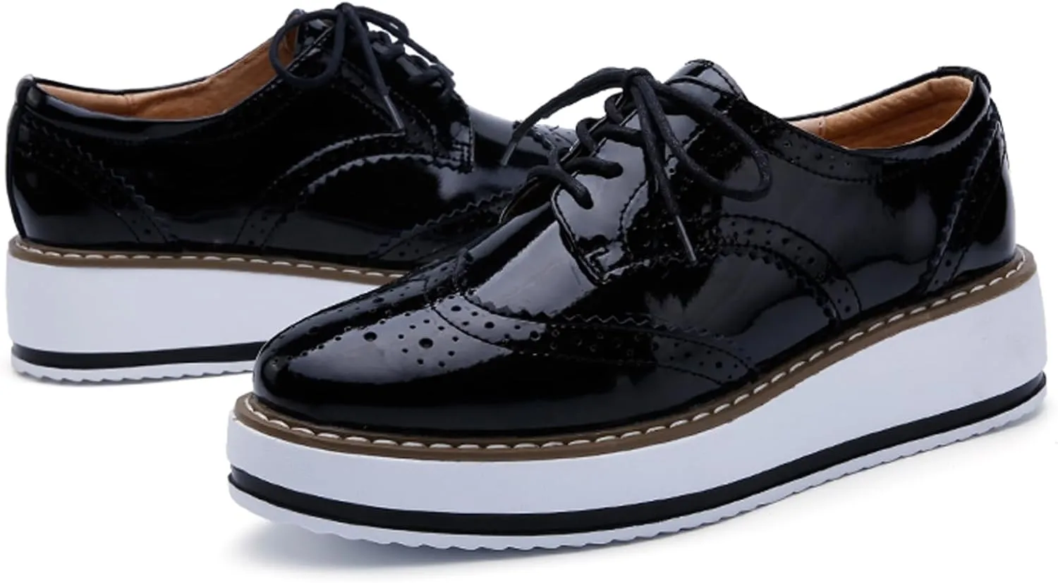 WUIWUIYU Women's Platform Lace-Up Wingtips Square Toe Oxfords Shoes