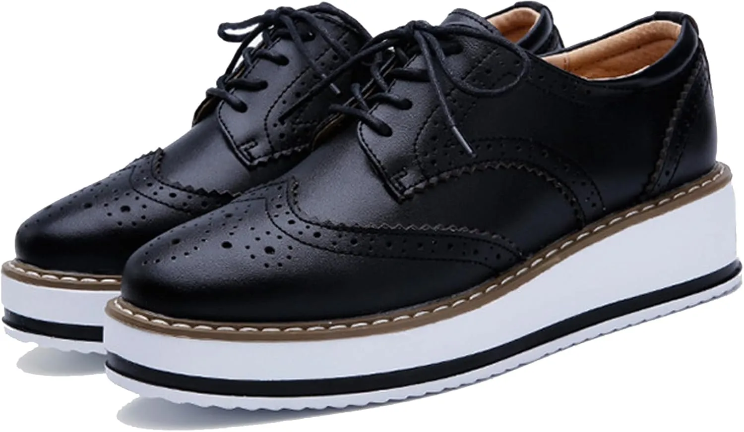 WUIWUIYU Women's Platform Lace-Up Wingtips Square Toe Oxfords Shoes